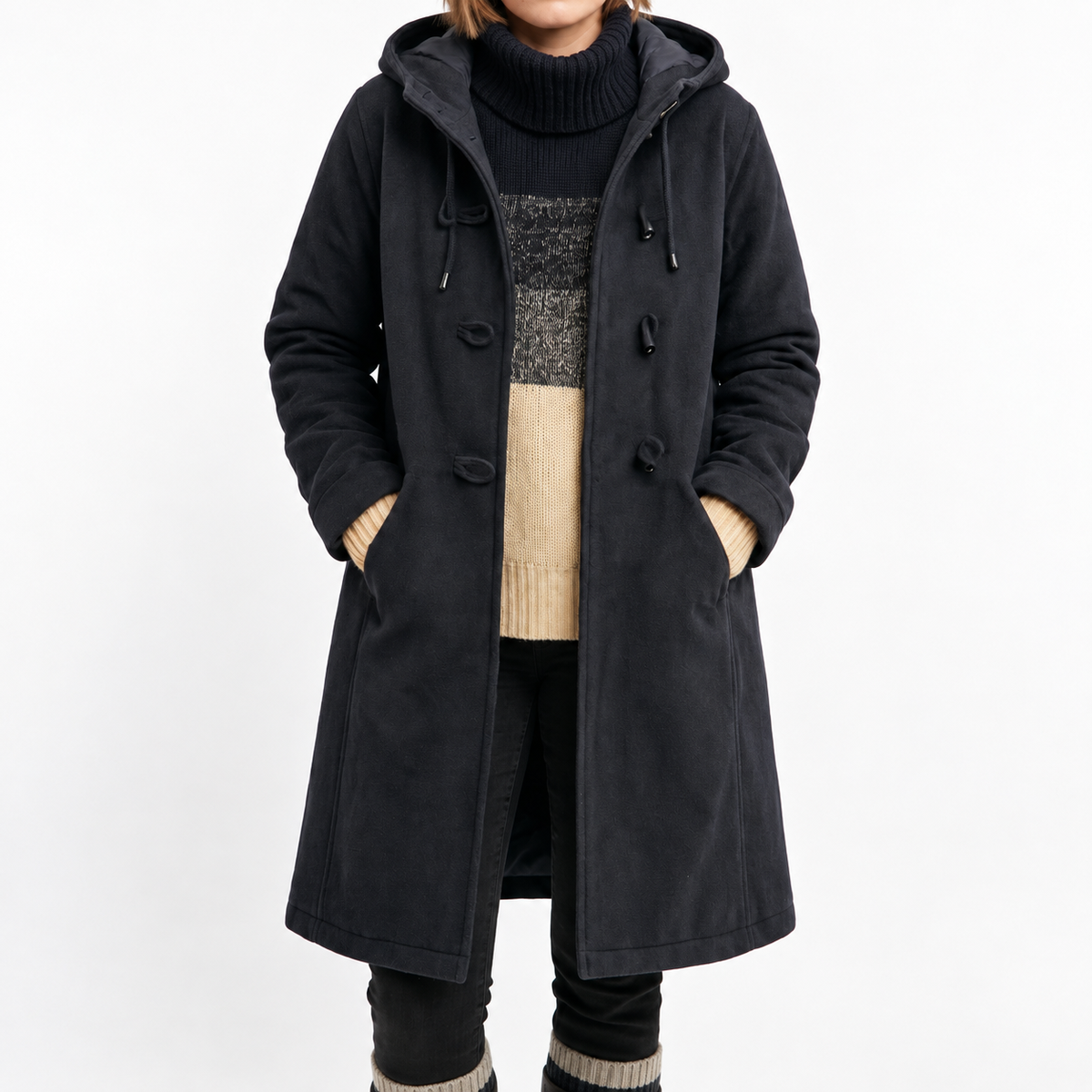 Isla - Women's Hooded Duffle Coat with Toggle Closures and Contrast Lining
