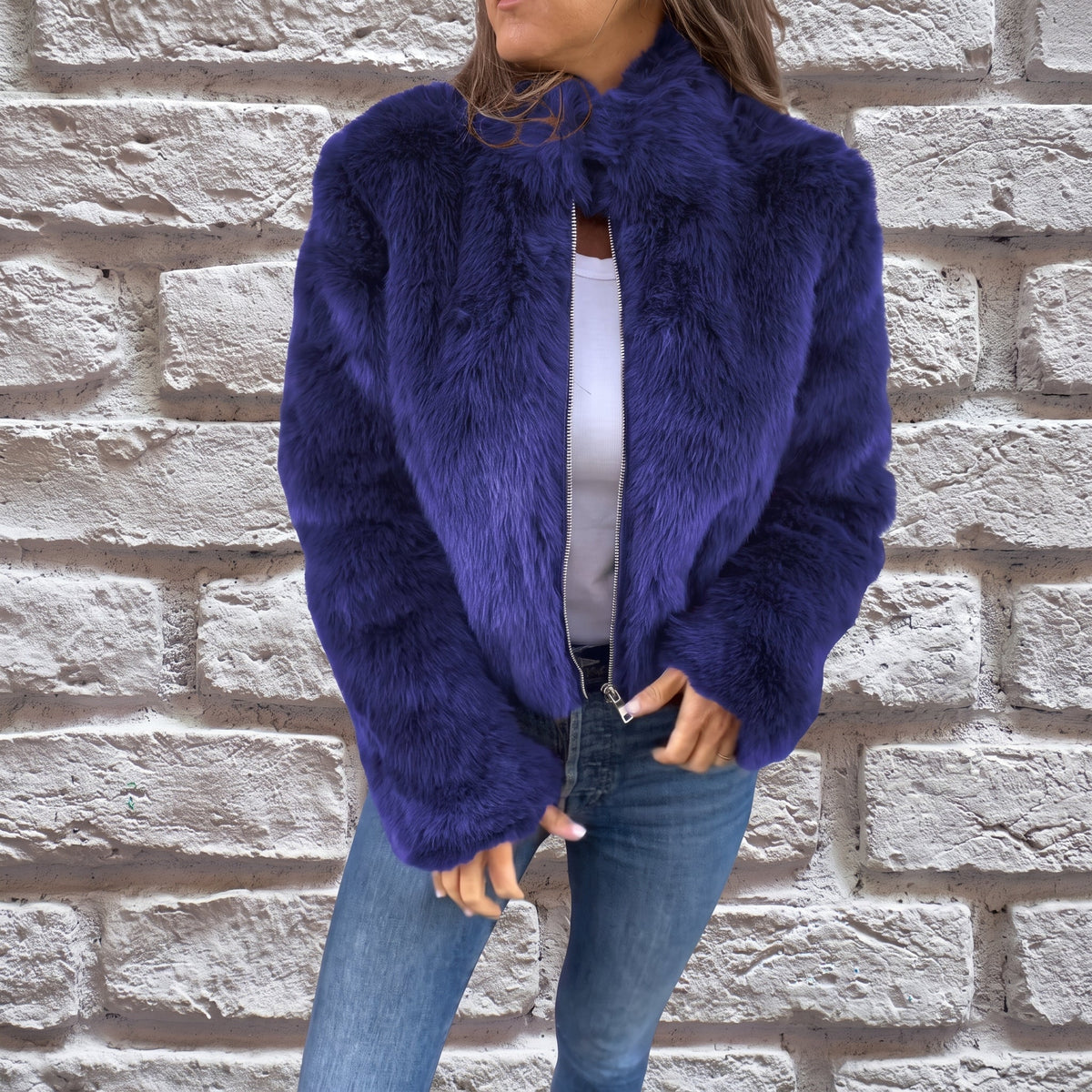 Charlotte - Women's Cropped Fluffy Jacket with Stand Collar