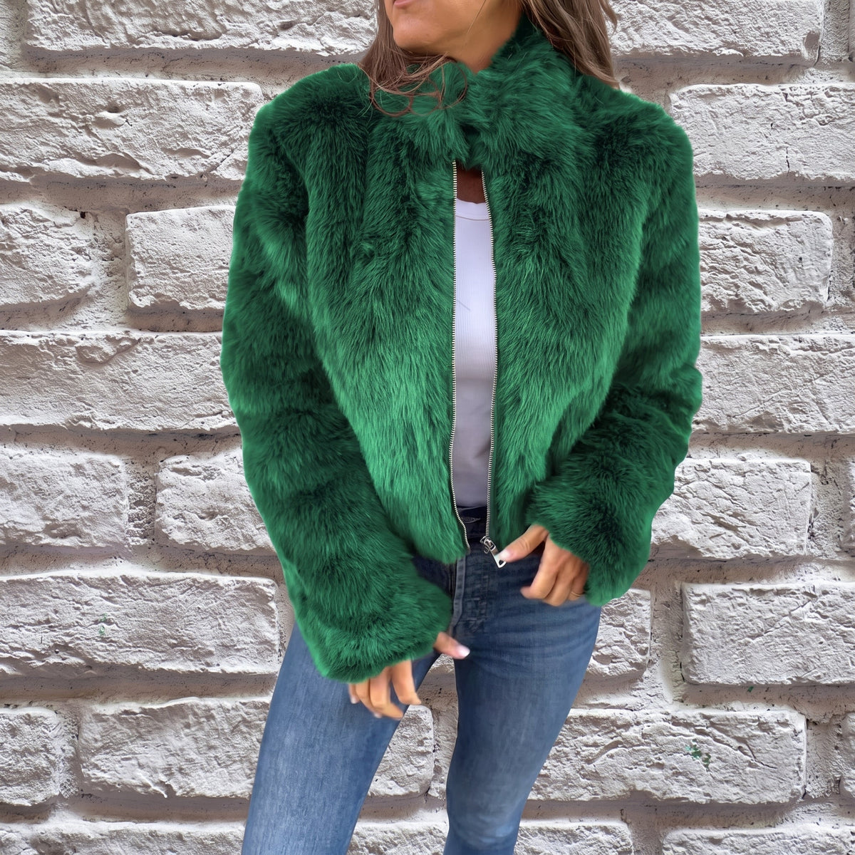 Charlotte - Women's Cropped Fluffy Jacket with Stand Collar