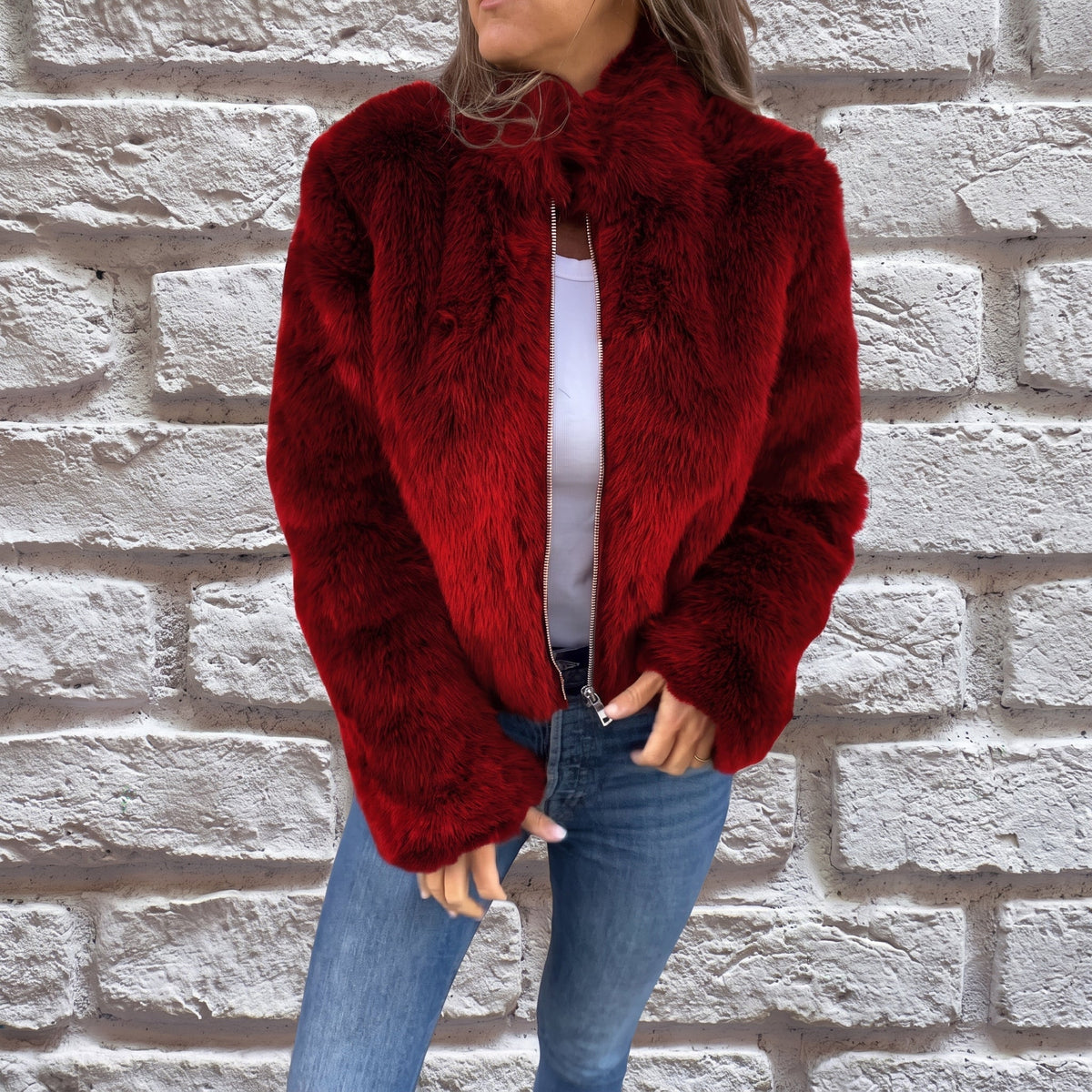 Charlotte - Women's Cropped Fluffy Jacket with Stand Collar
