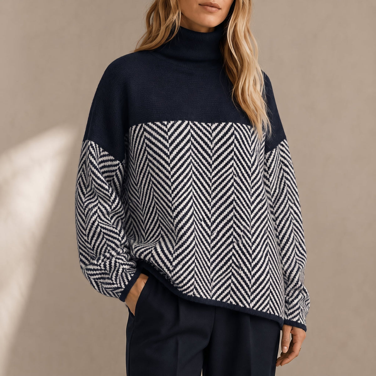 Grace - Women's Chevron Turtleneck Sweater with Color-Block Design