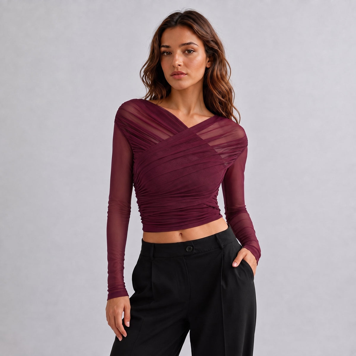 Isla - Women's Ruched Long Sleeve Mesh Top with Crossover V-Neck