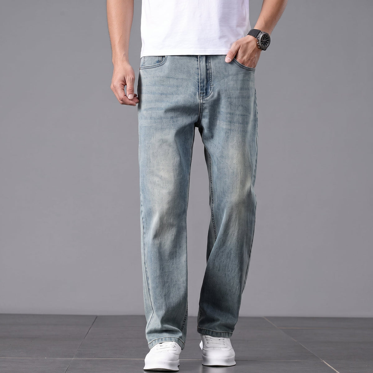 James - Men's Relaxed Fit Straight Leg Jeans with Washed Finish