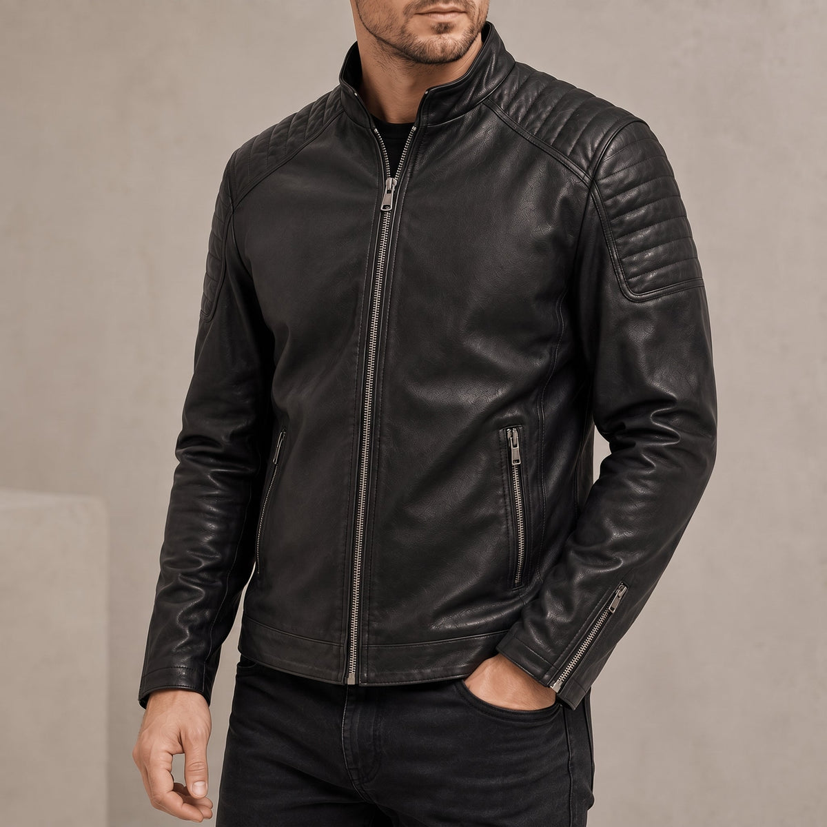 James - Men's Zip-Up Transitional Jacket with Quilted Shoulders
