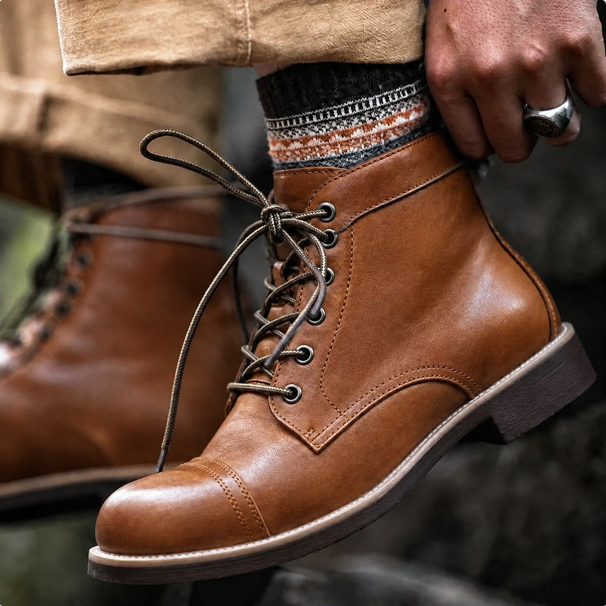 Jasper - Men's Cap Toe Lace-Up Ankle Boots with Leather Look