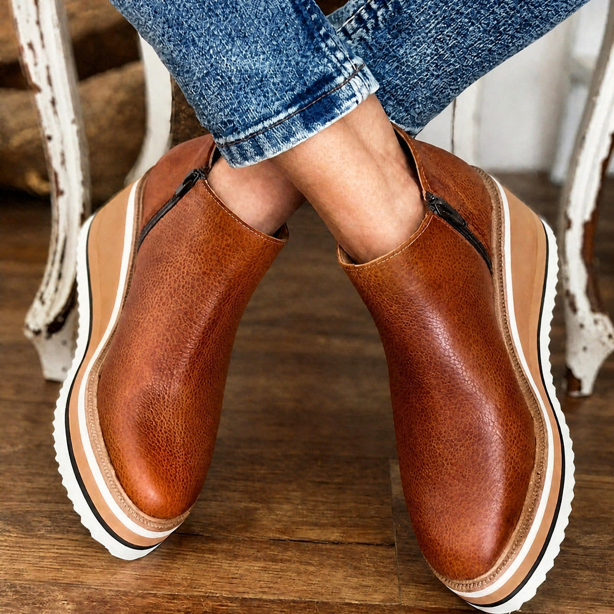 Jeanne - Women's Wedge Platform Ankle Boots with Side Zipper