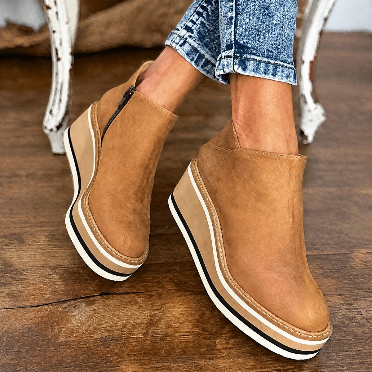 Jeanne - Women's Wedge Platform Ankle Boots with Side Zipper
