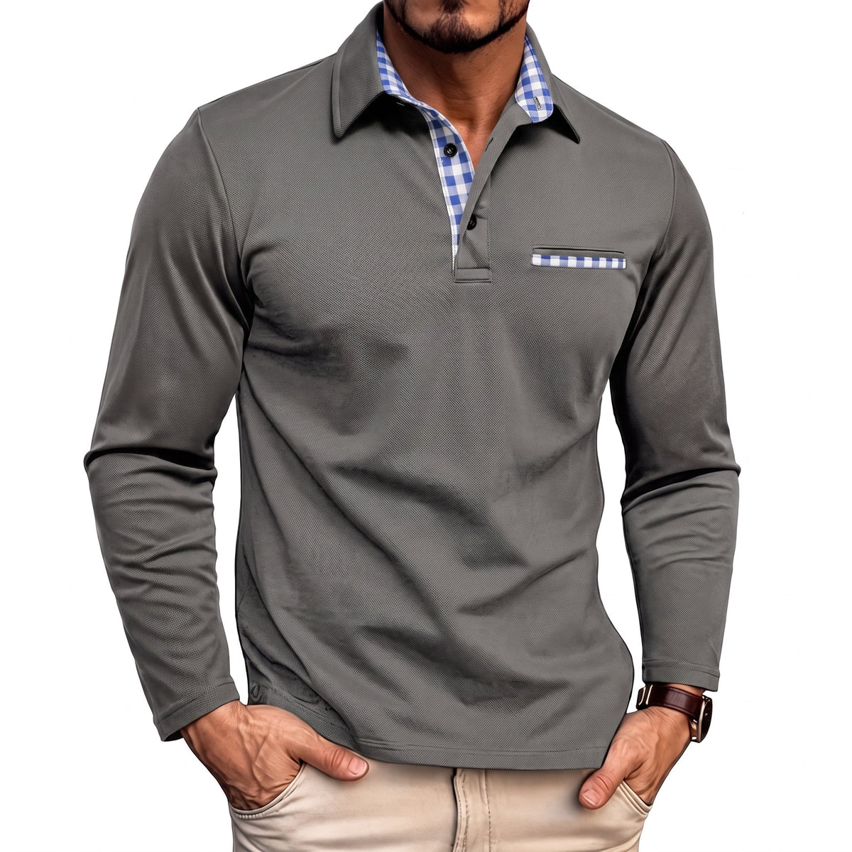 Johann - Men's Long Sleeve Polo Shirt with Contrast Check Collar
