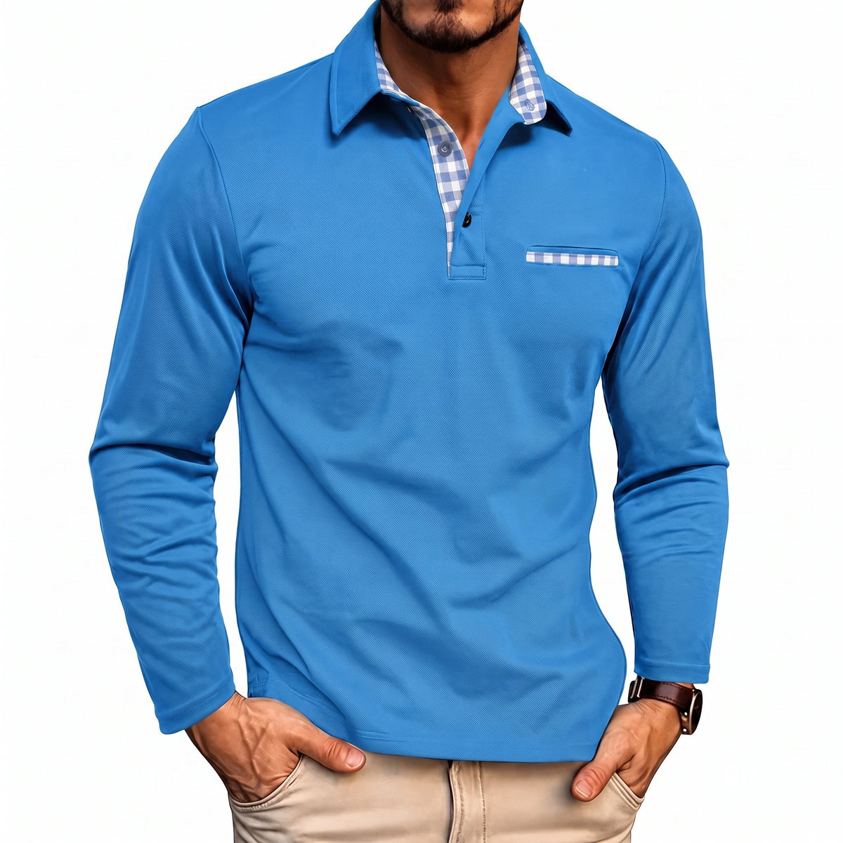 Johann - Men's Long Sleeve Polo Shirt with Contrast Check Collar