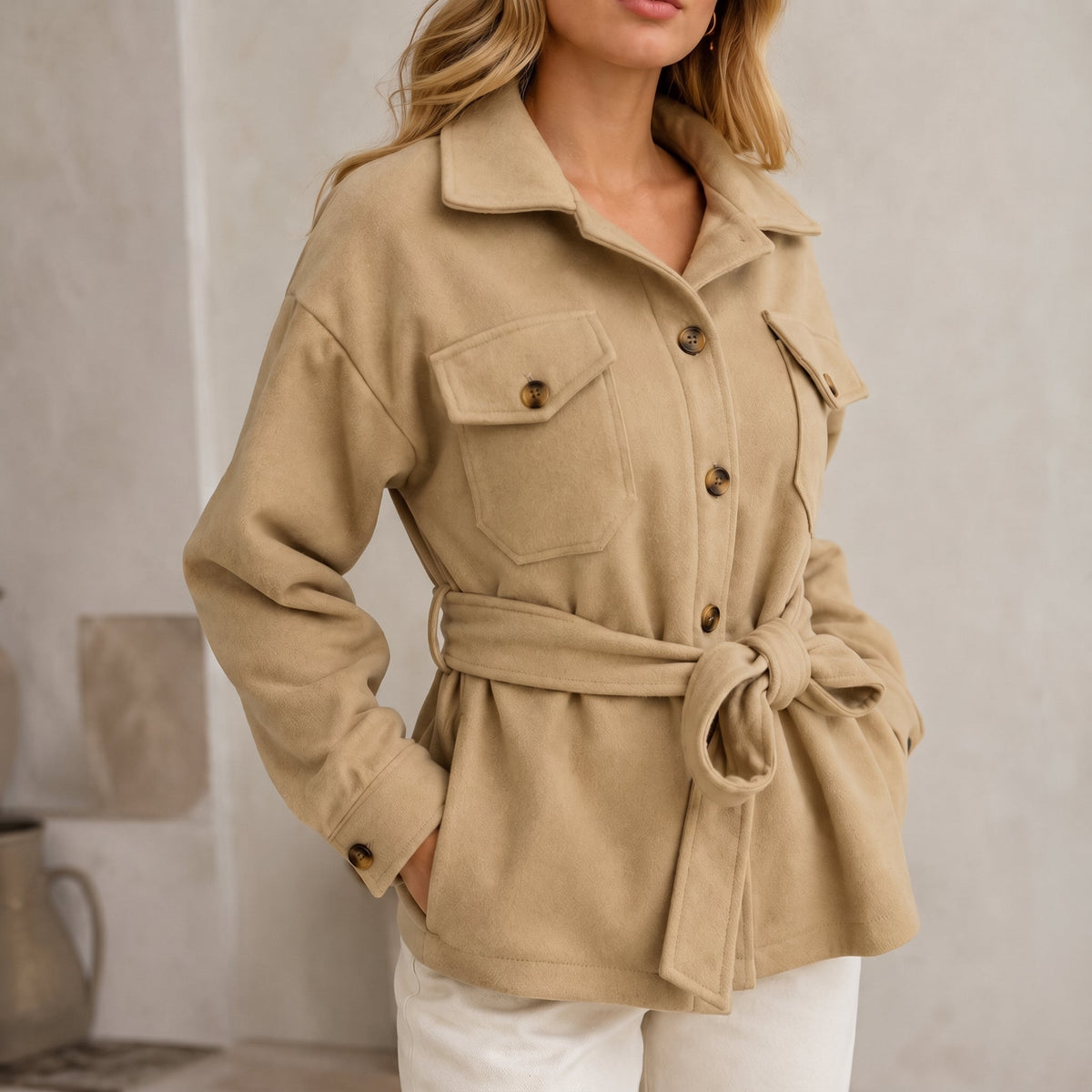 Johanna - Women's Belted Shirt Jacket with Chest Pockets
