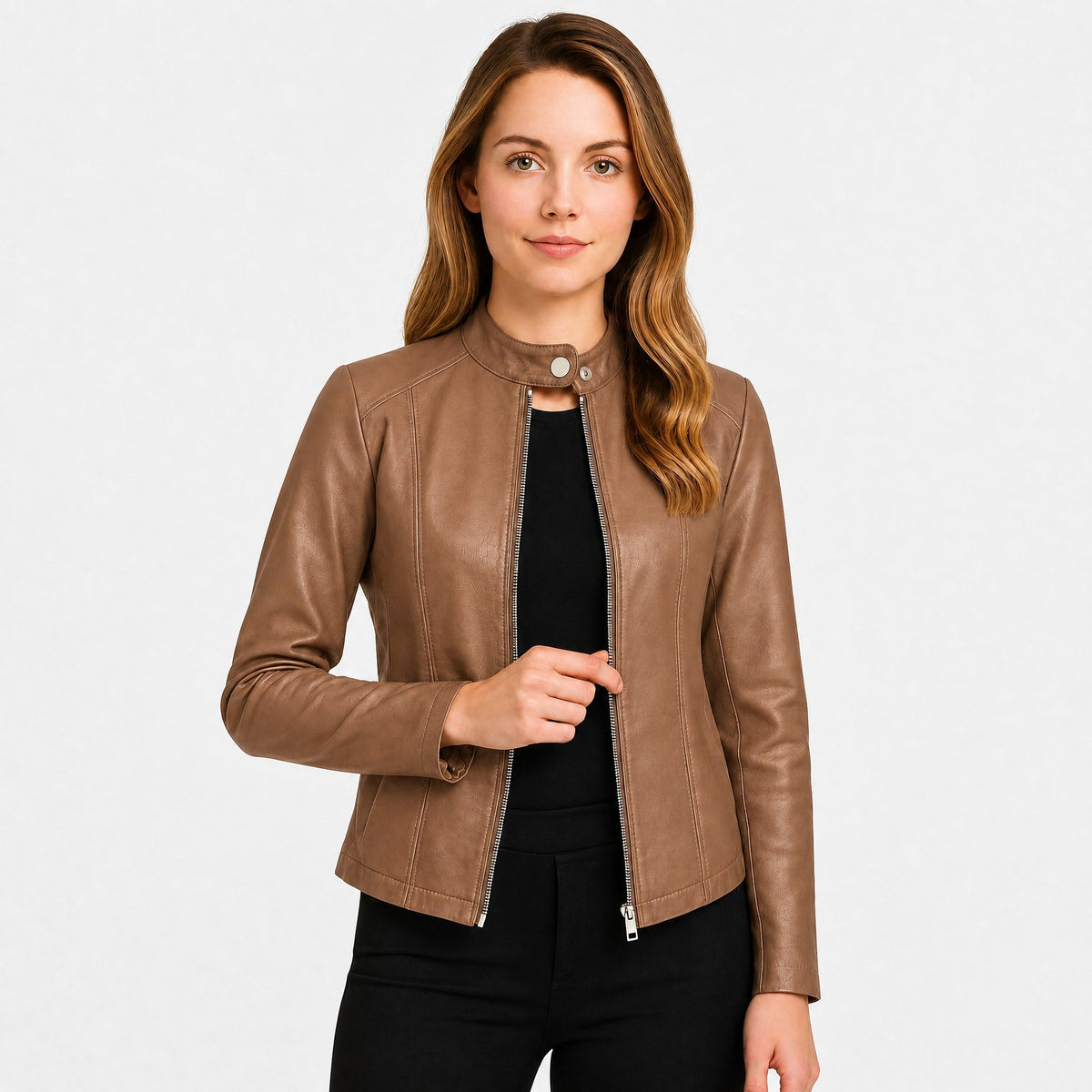 Klara - Women's Cropped Fitted Moto Jacket with Zip Closure and Snap Collar