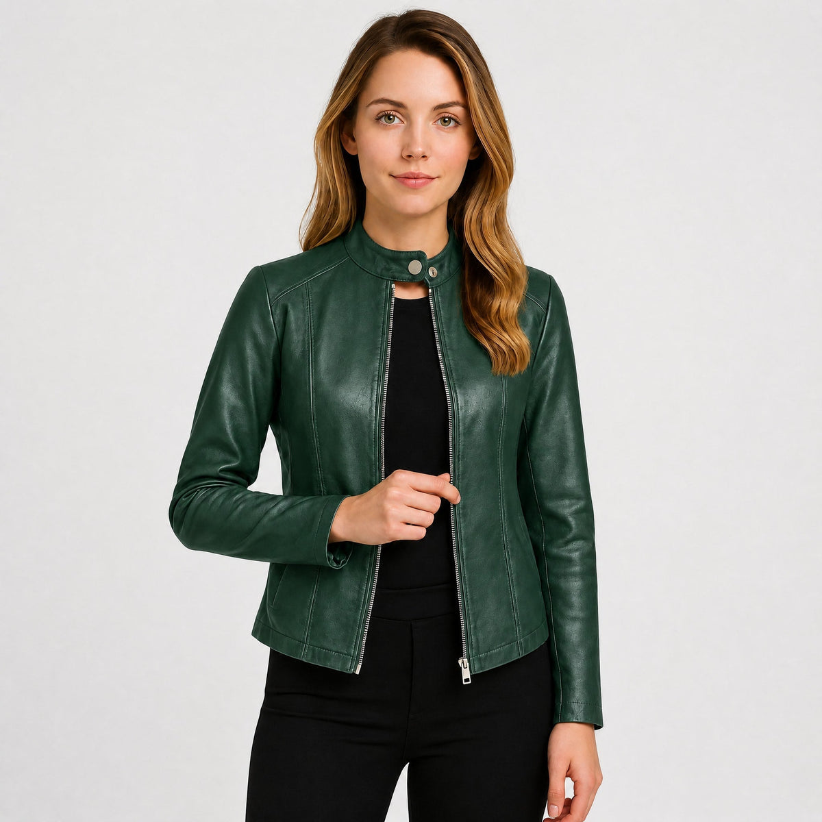 Klara - Women's Cropped Fitted Moto Jacket with Zip Closure and Snap Collar