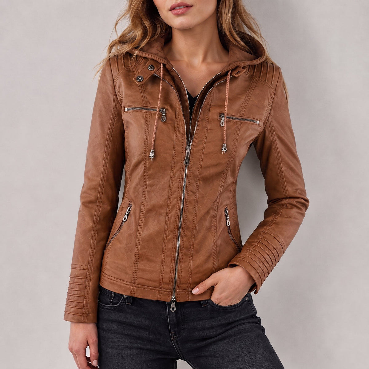 Olivia - Women's Drawstring Hood Full Zip Multi-Pocket Jacket