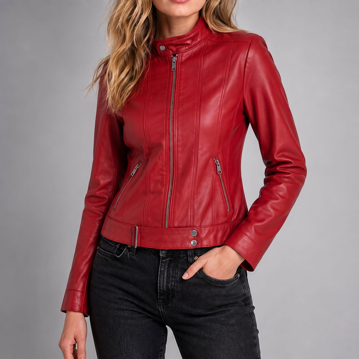 Olivia - Women's Fitted Band Collar Full Zip Panel Jacket