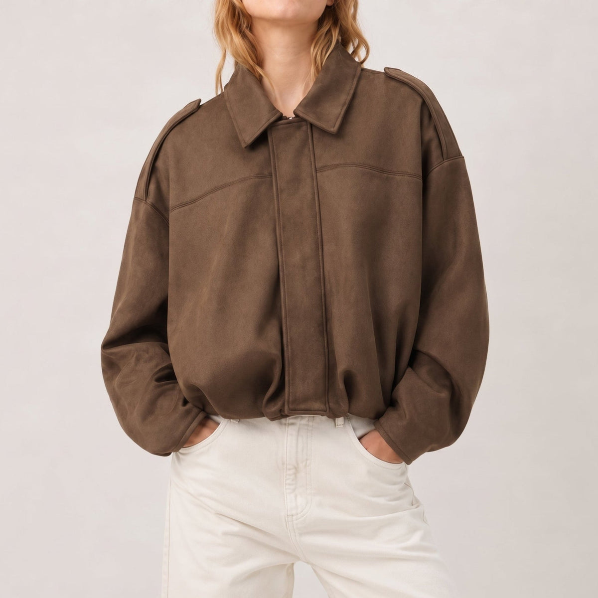 Olivia - Women's Vintage Dropped Shoulder Suede Bomber Jacket