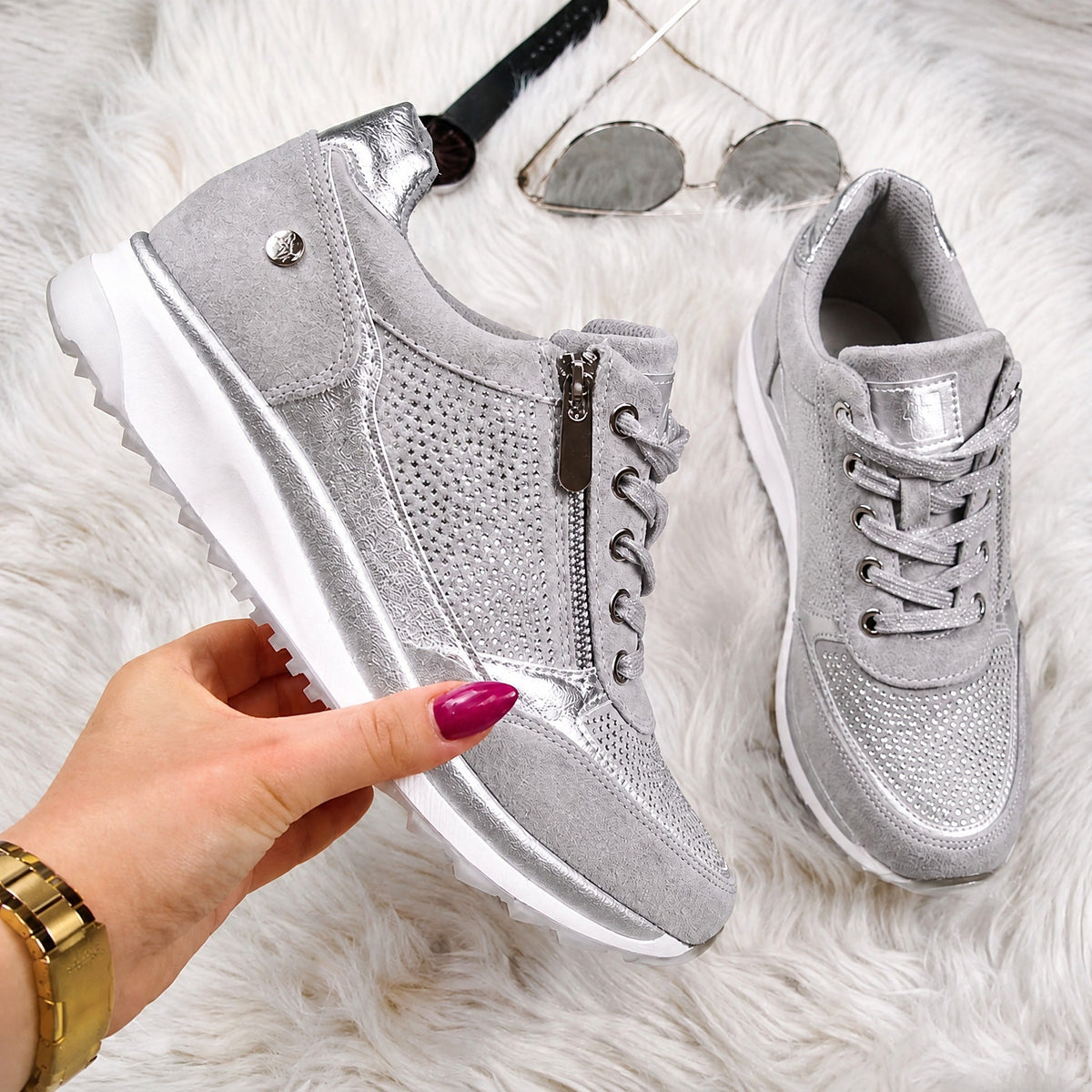 Rowan - Women's Orthopedic Lace-Up Sneaker with Rhinestone Detail