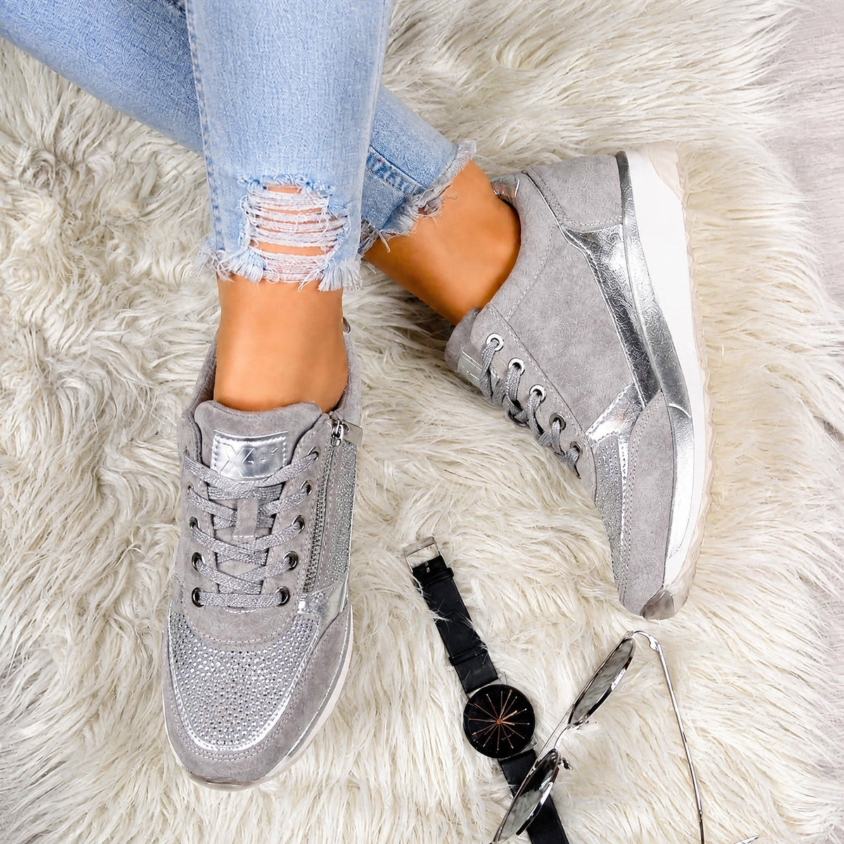 Rowan - Women's Orthopedic Lace-Up Sneaker with Rhinestone Detail