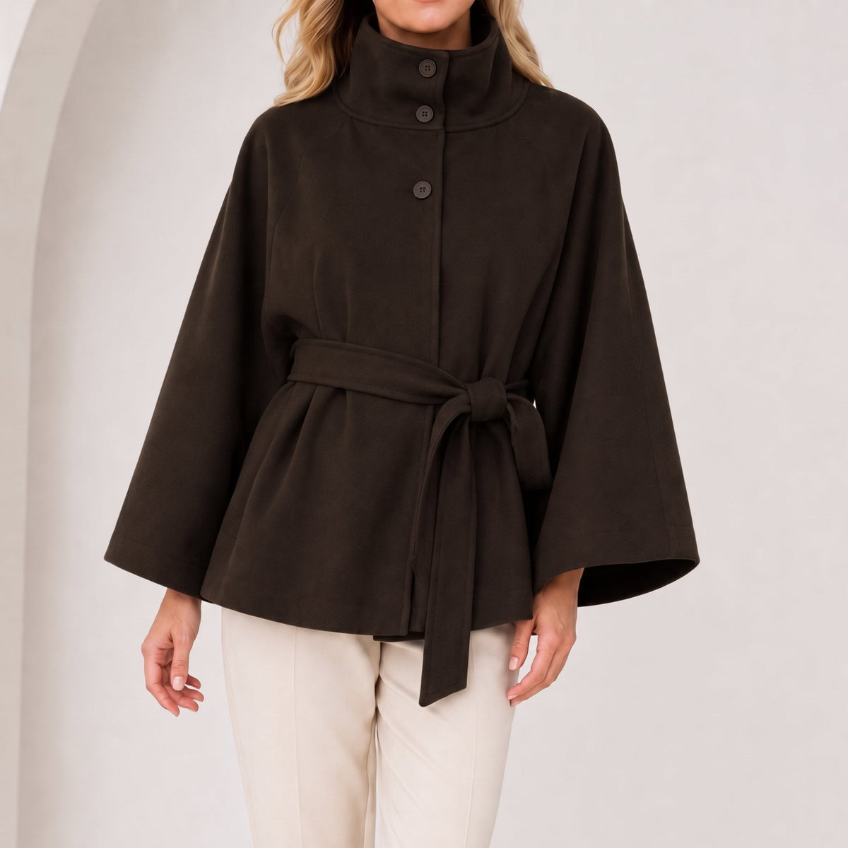 Sarah - Women's Cape Stand Collar Self-Tie Belted Jacket