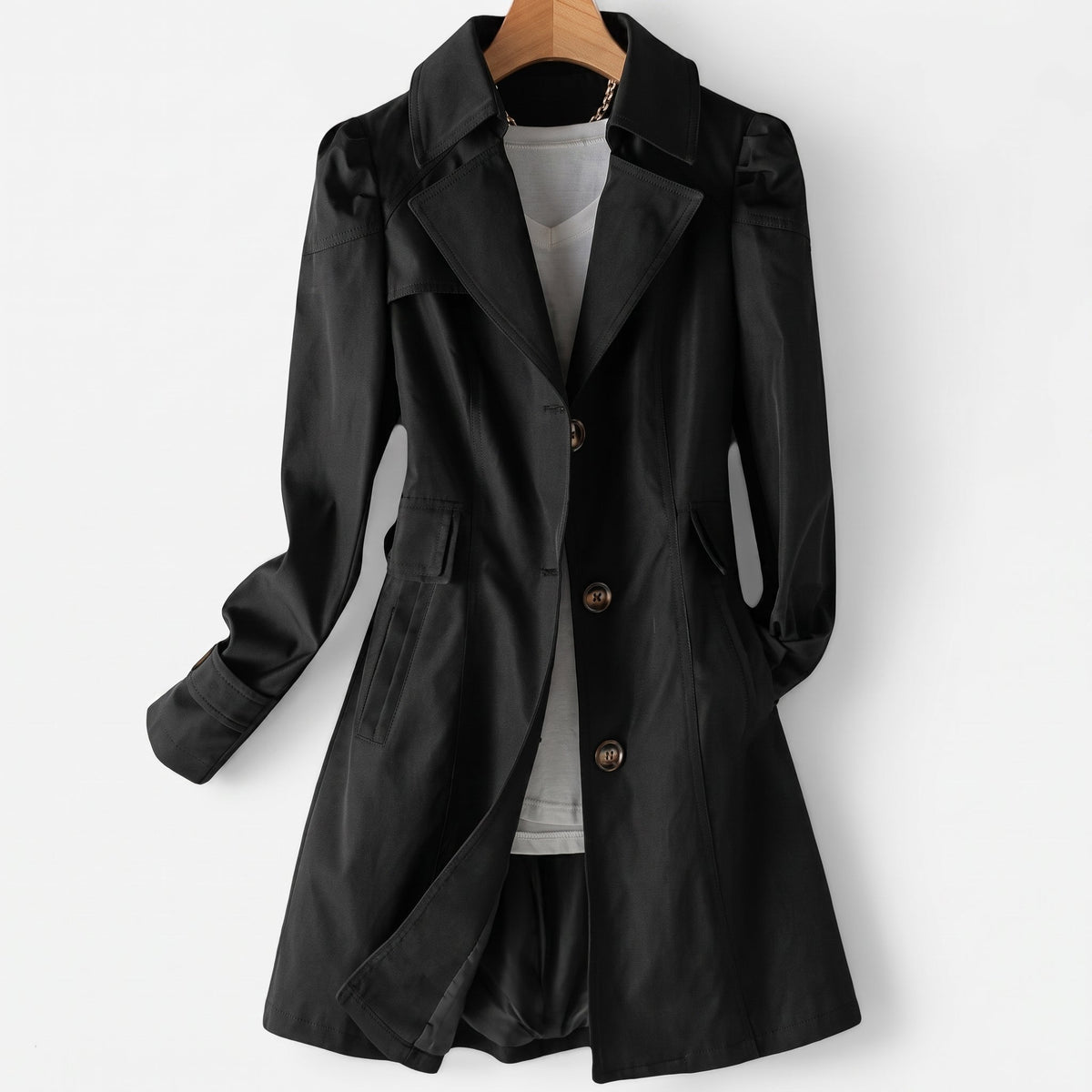 Sarah - Women's Single-Breasted Longline Trench Coat with Notch Lapel
