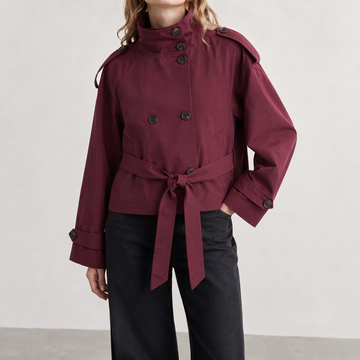 Sibylle - Women's Stand Collar Belted Cropped Jacket