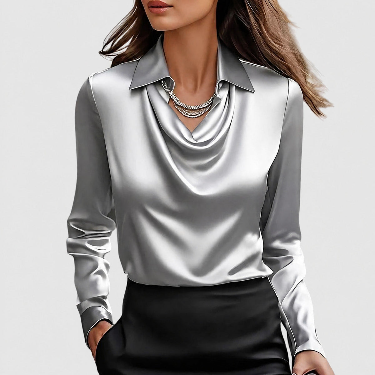 Sophie - Women's Cowl Neck Draped Blouse with Draped Collar