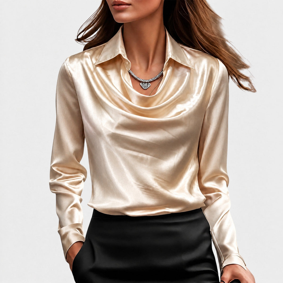 Sophie - Women's Cowl Neck Draped Blouse with Draped Collar