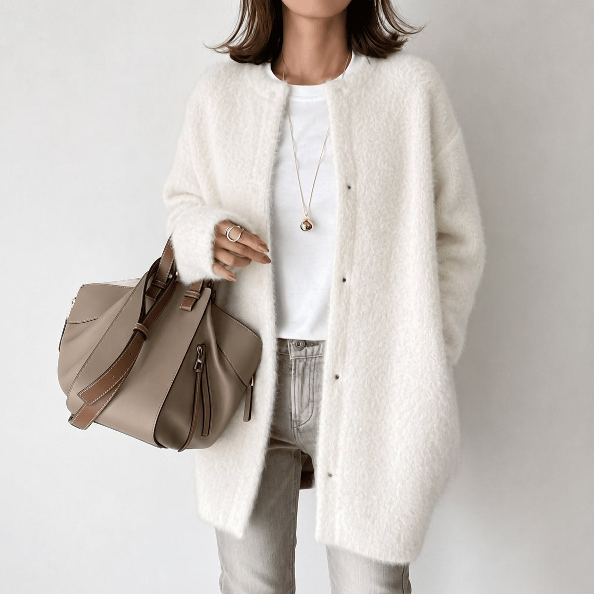 Sophie - Women's Longline Snap-Button Cardigan with Round Neck