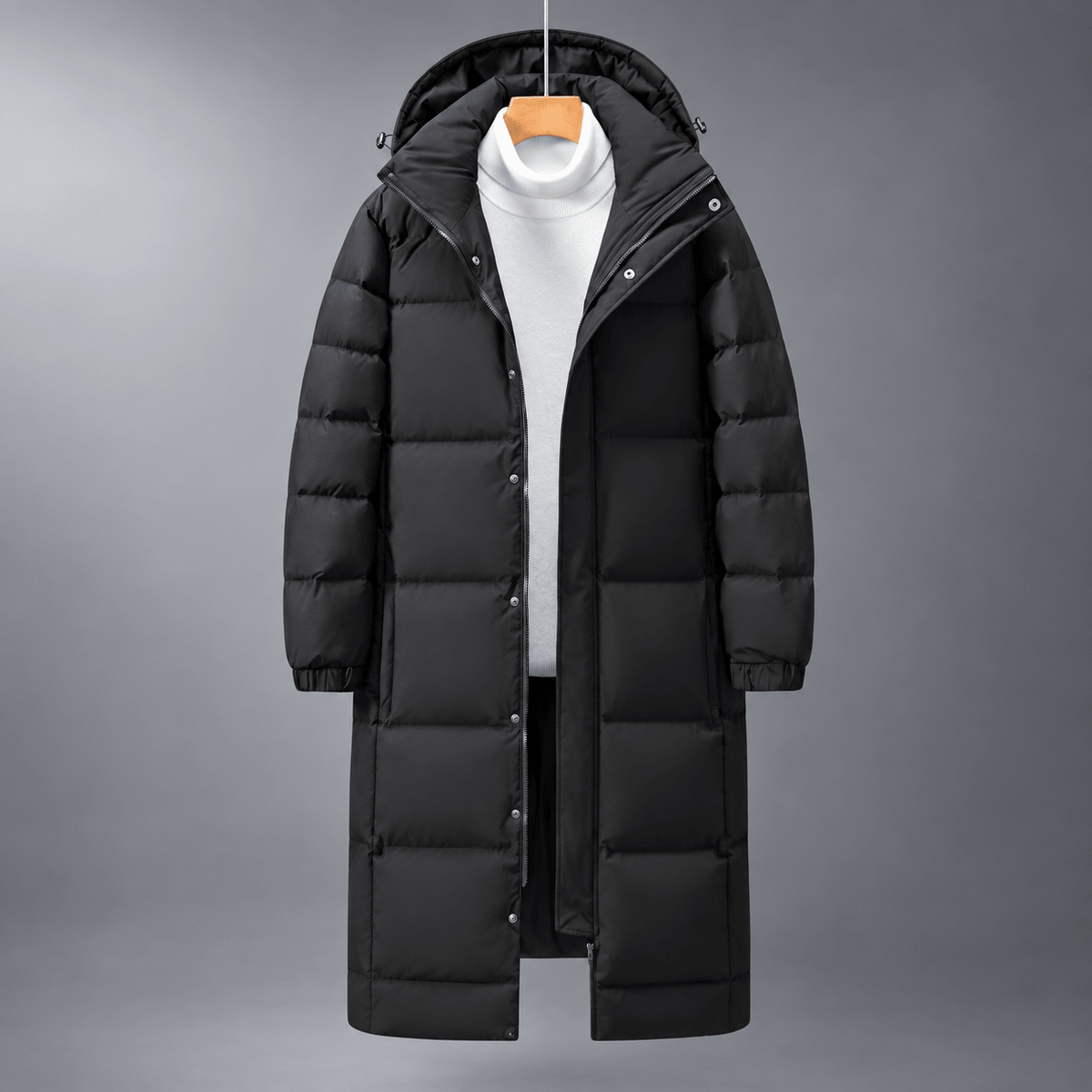 Tom - Men's Longline Hooded Puffer Coat with Zip Front
