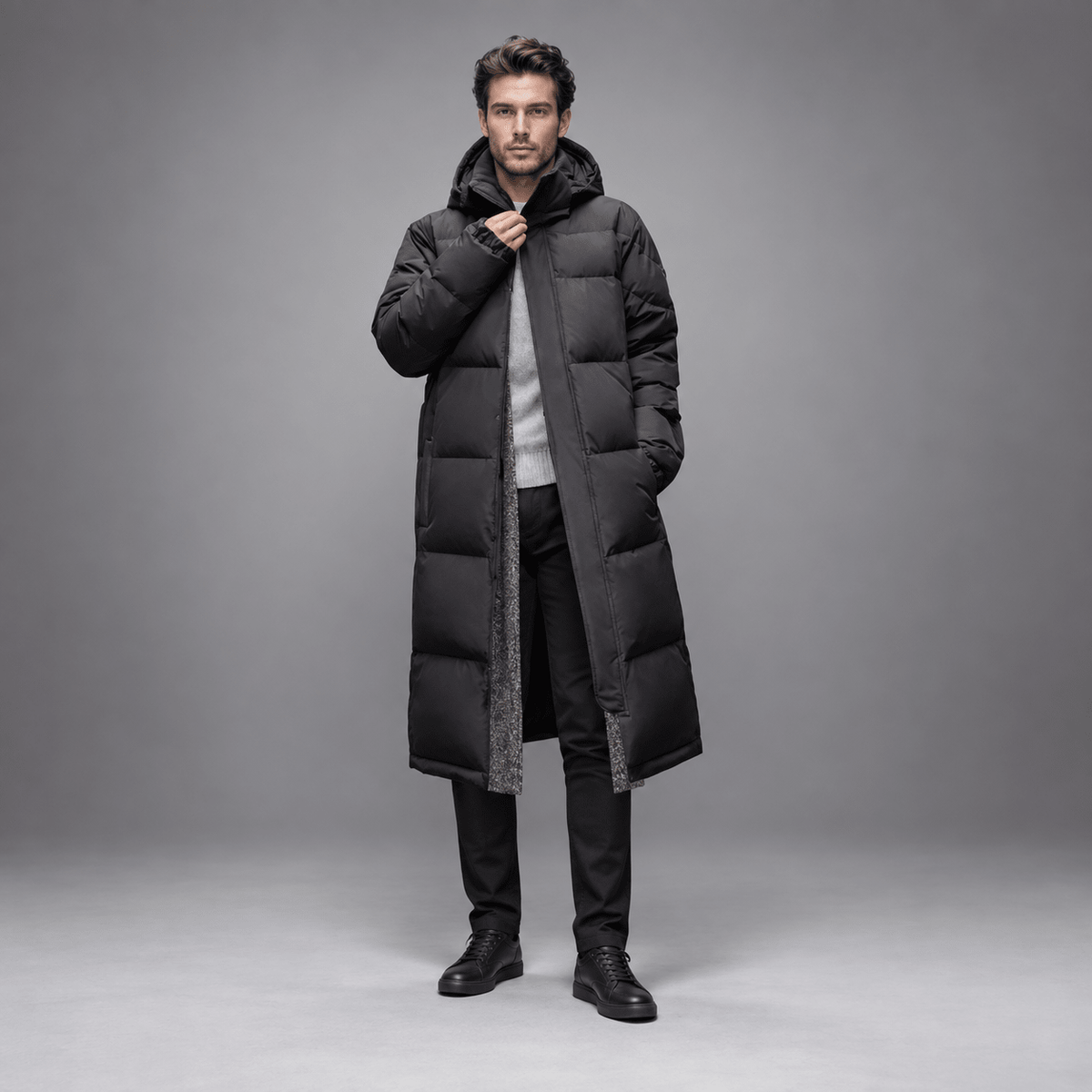Tom - Men's Longline Hooded Puffer Coat with Zip Front