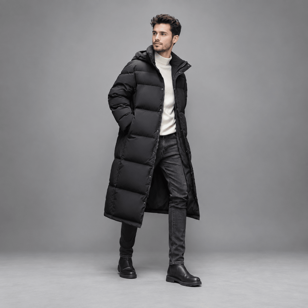 Tom - Men's Longline Hooded Puffer Coat with Zip Front
