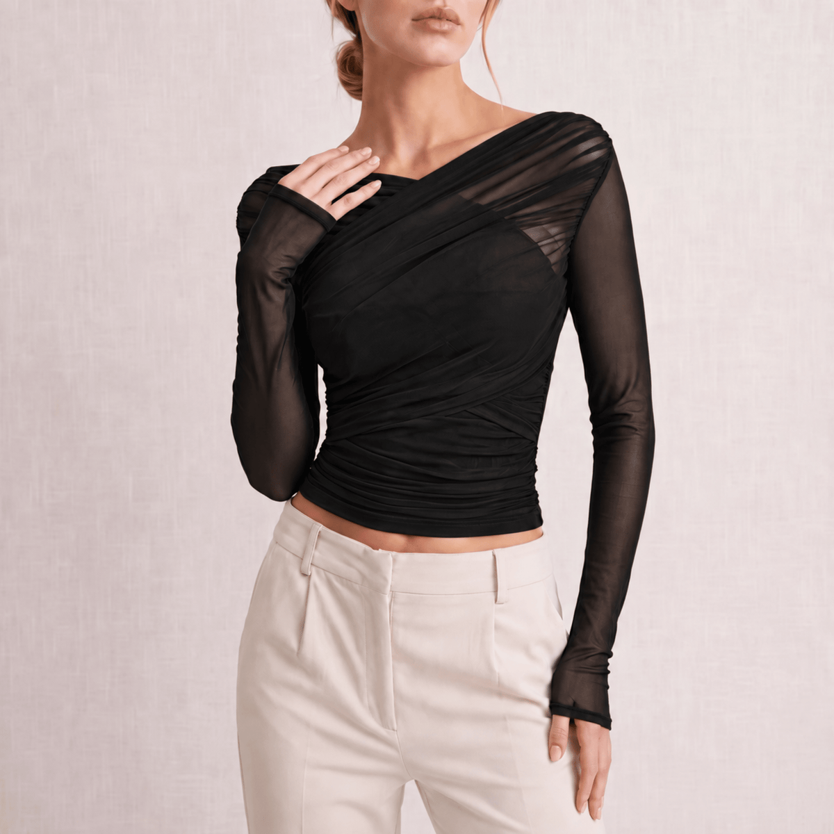 Zoe - Women's Sheer Ruched Long Sleeve Top with Wrap Neckline