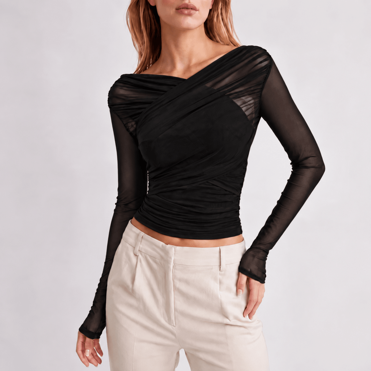 Zoe - Women's Sheer Ruched Long Sleeve Top with Wrap Neckline