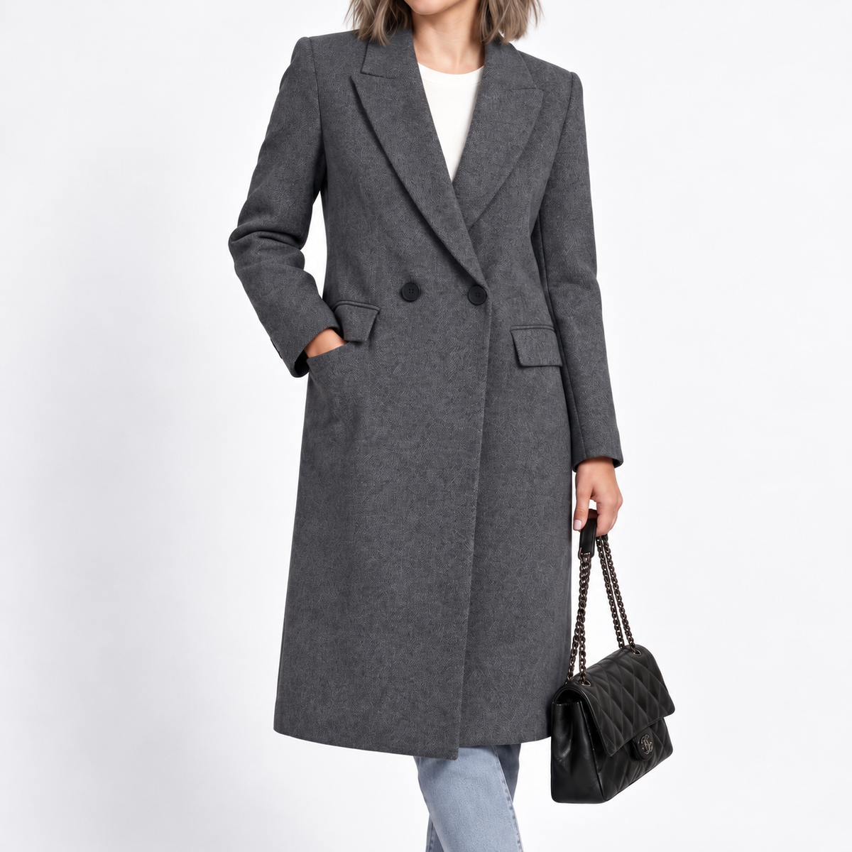 Wiktoria - Women's Tailored Double-Breasted Longline Overcoat with Notched Lapel