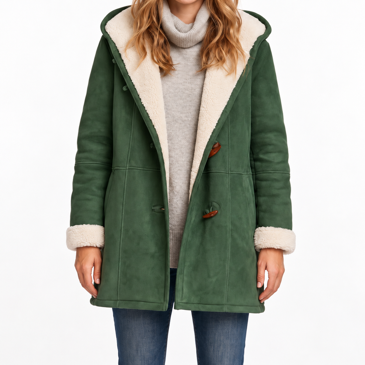 Isla - Women's Hooded Duffle Coat with Toggle Closures and Contrast Lining
