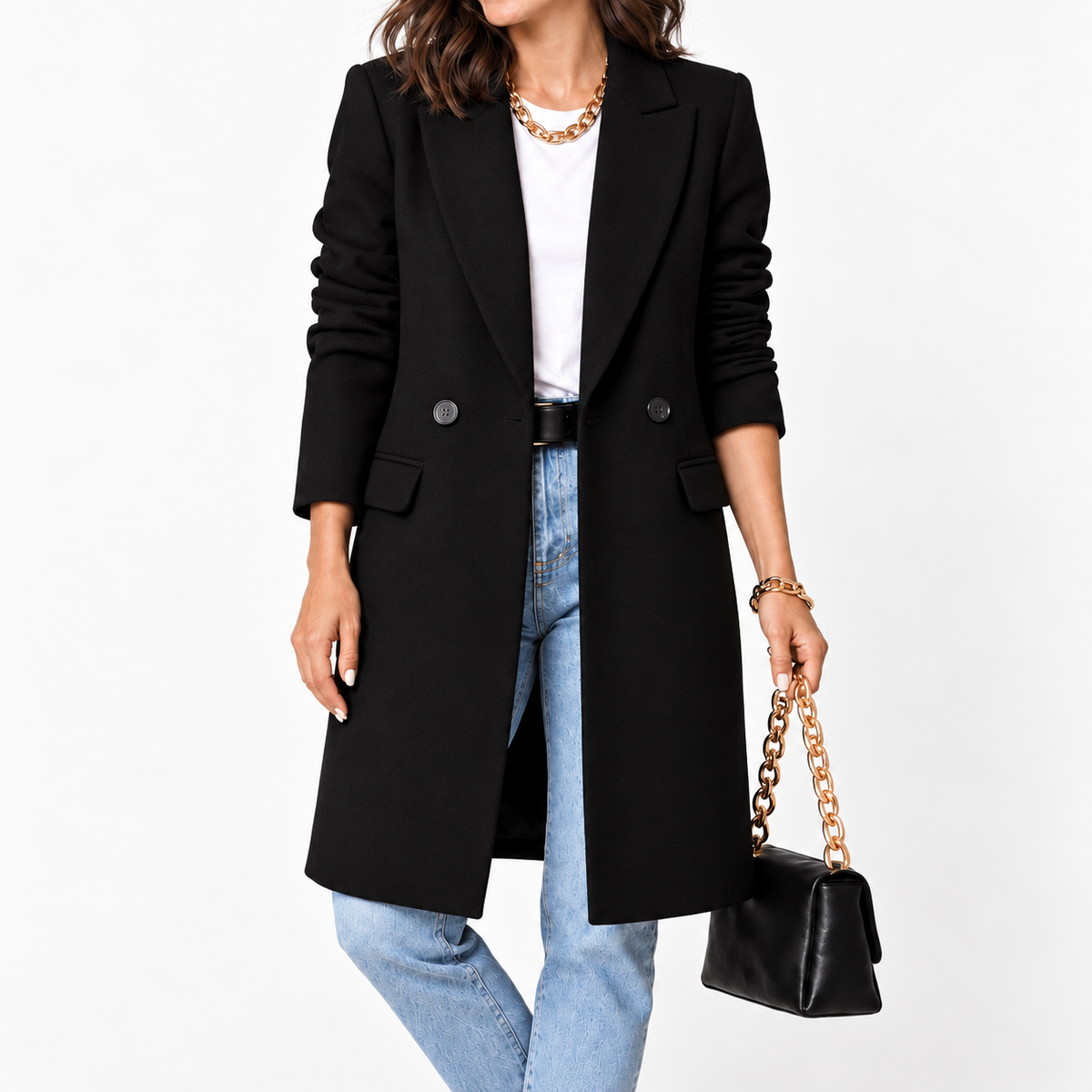 Wiktoria - Women's Tailored Double-Breasted Longline Overcoat with Notched Lapel