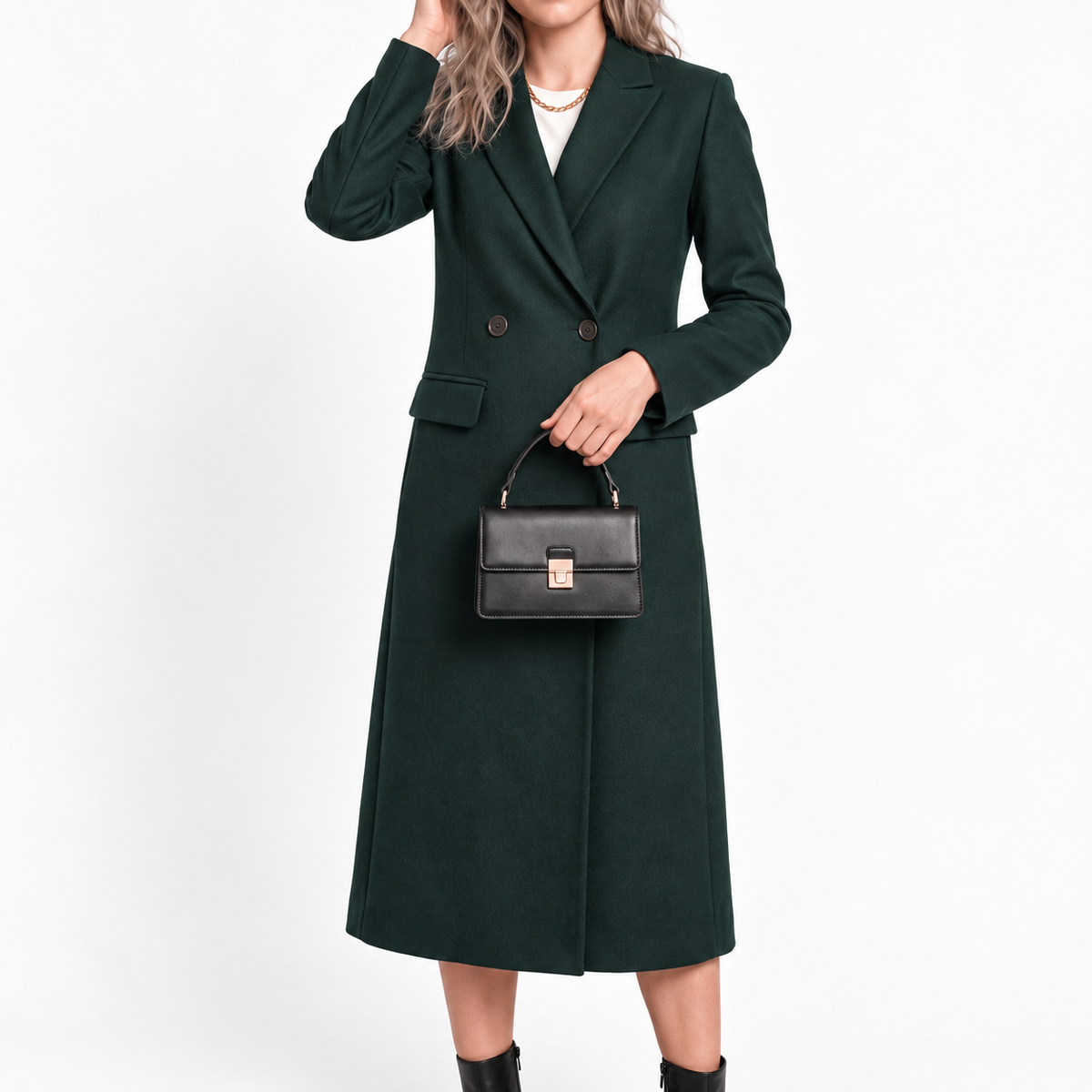Wiktoria - Women's Tailored Double-Breasted Longline Overcoat with Notched Lapel