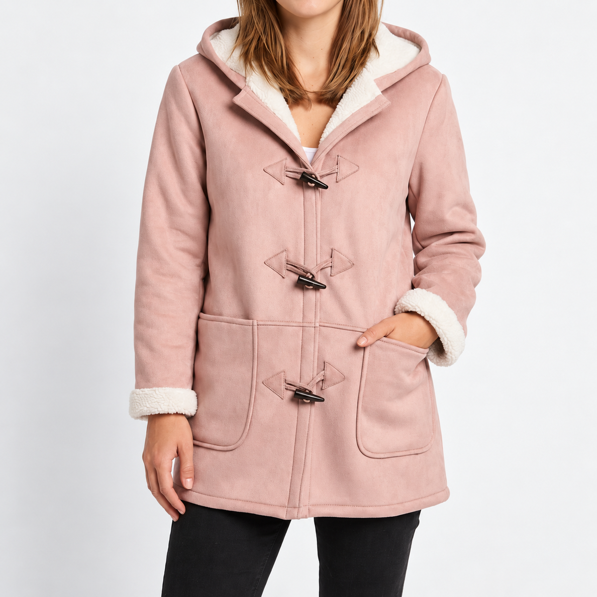 Isla - Women's Hooded Duffle Coat with Toggle Closures and Contrast Lining