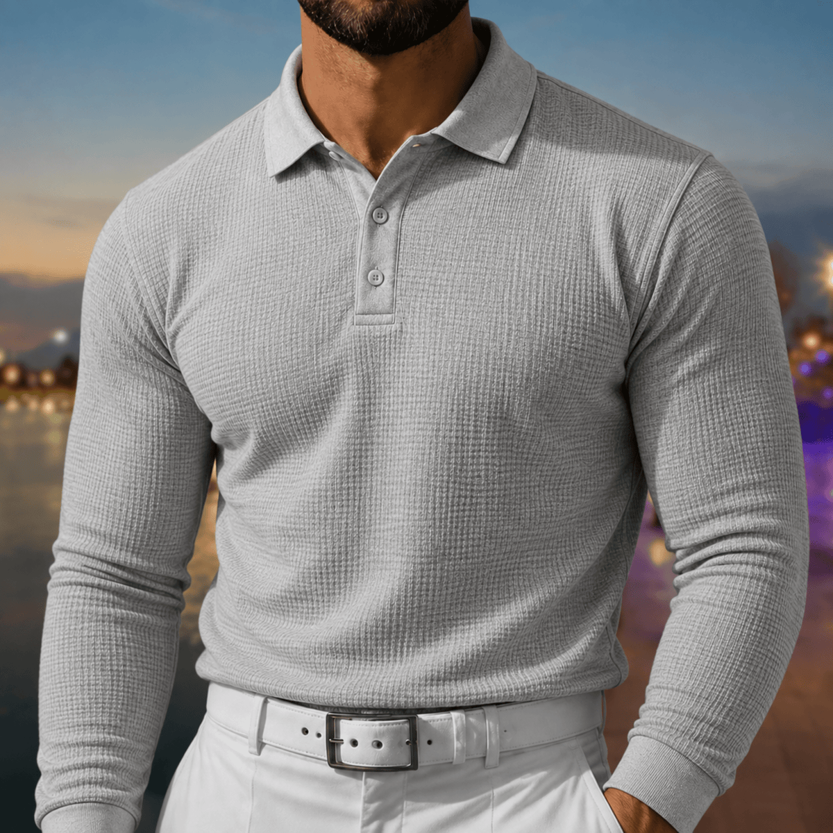 Arthur - Men's Slim Fit Textured Long Sleeve Polo Shirt