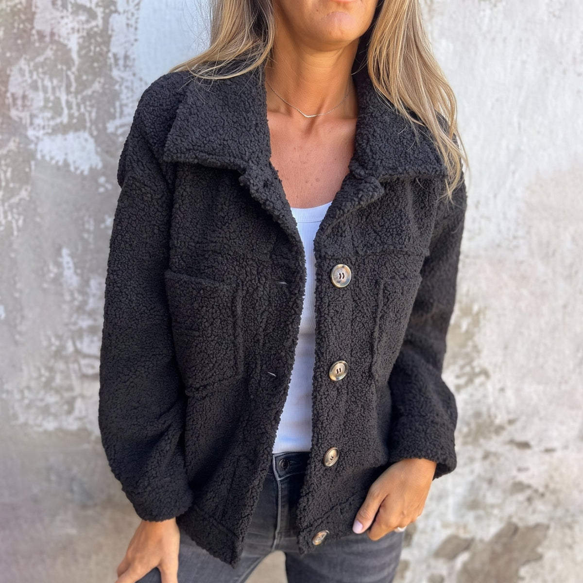 Charlotte - Women's Boxy Textured Jacket with Wide Collar