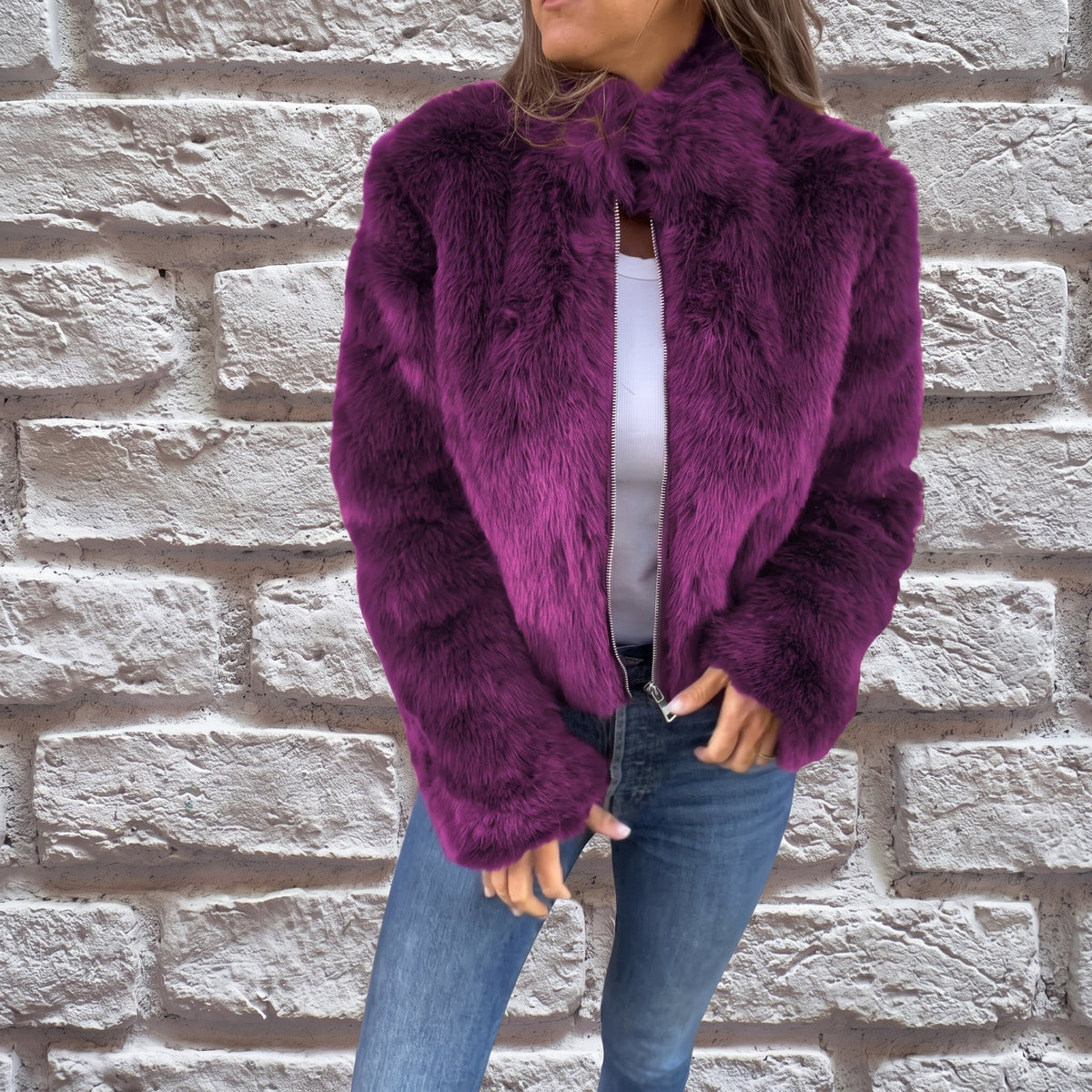 Charlotte - Women's Cropped Fluffy Jacket with Stand Collar