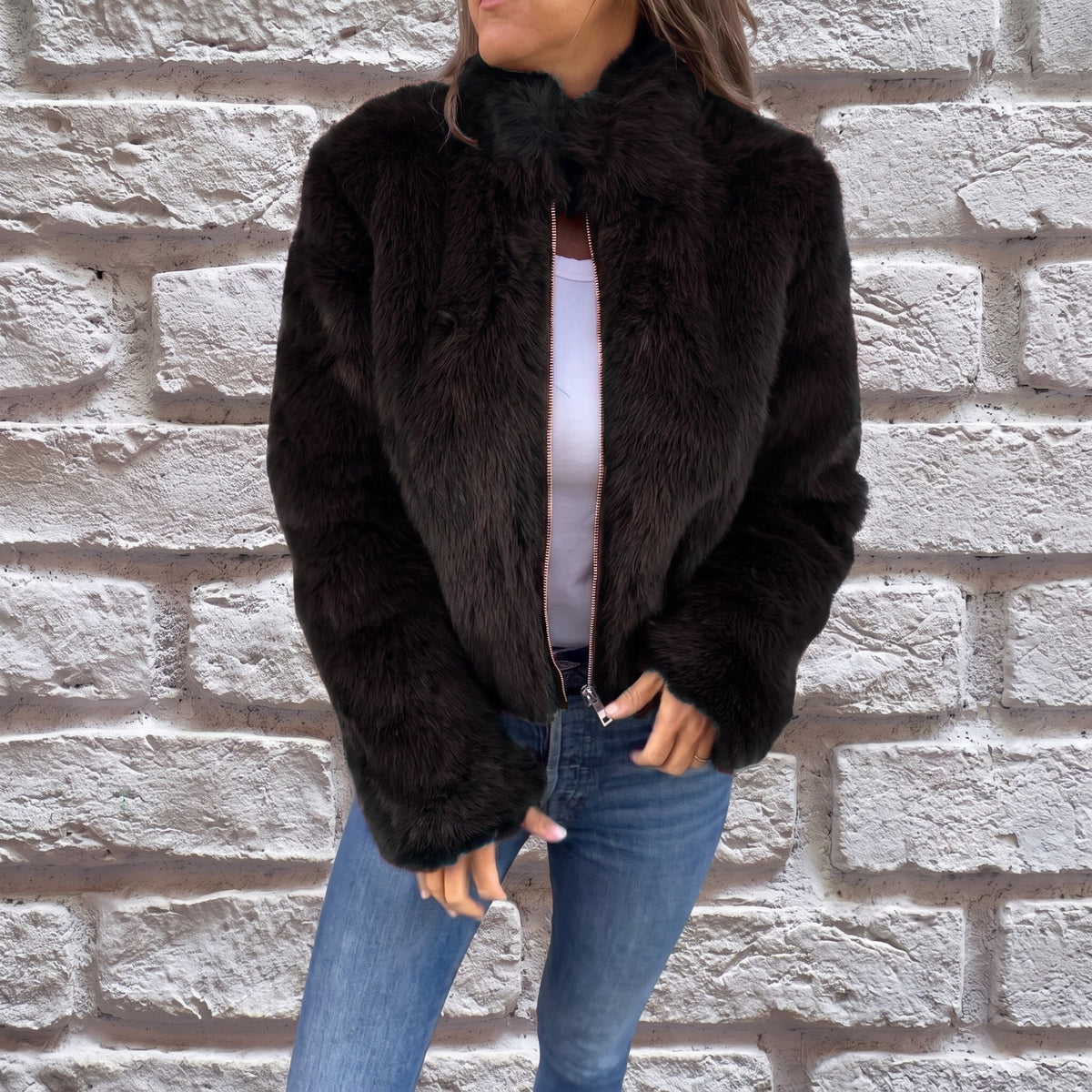 Charlotte - Women's Cropped Fluffy Jacket with Stand Collar