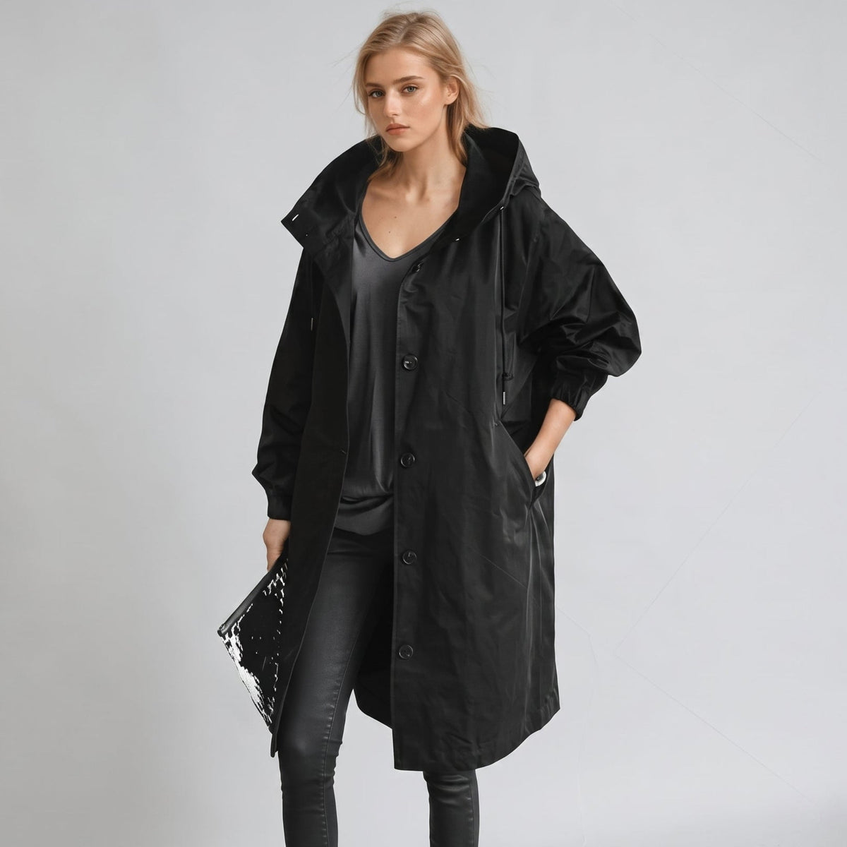 Elizabeth - Women's Hooded Longline Trench Coat with Drawstring Waist