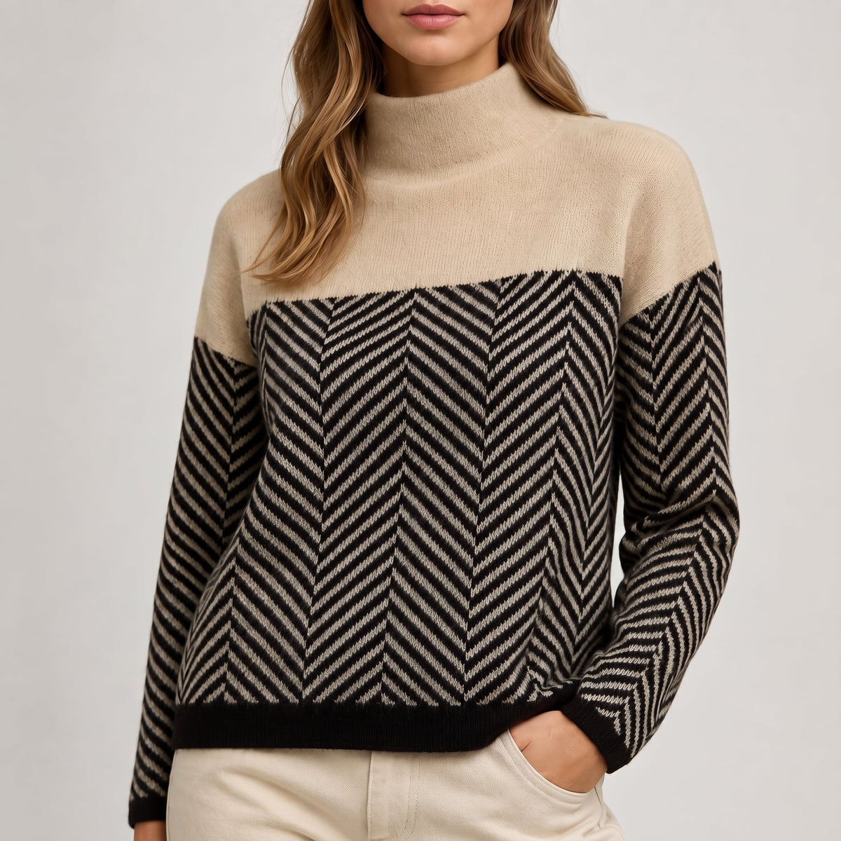 Grace - Women's Chevron Turtleneck Sweater with Color-Block Design