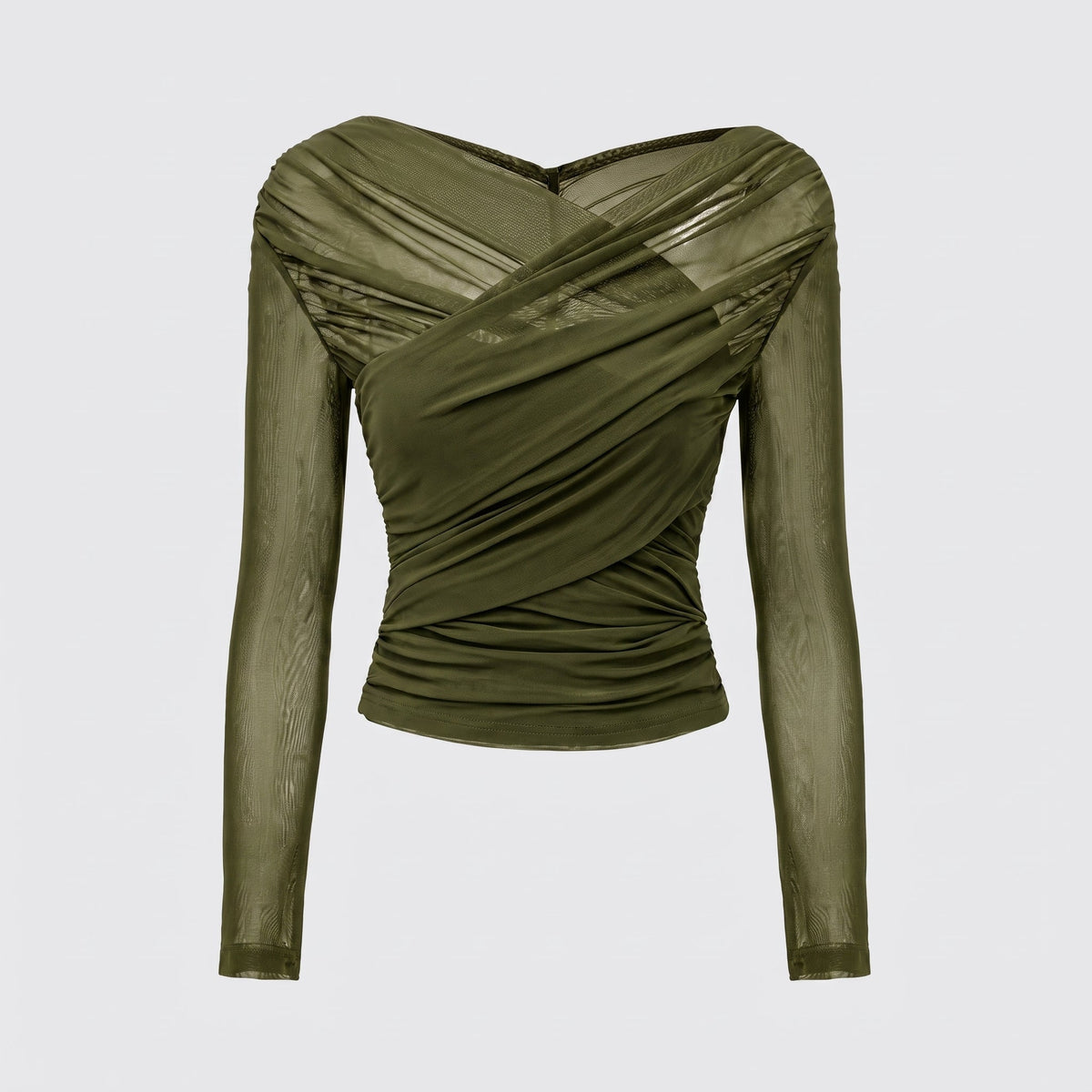 Isla - Women's Ruched Long Sleeve Mesh Top with Crossover V-Neck