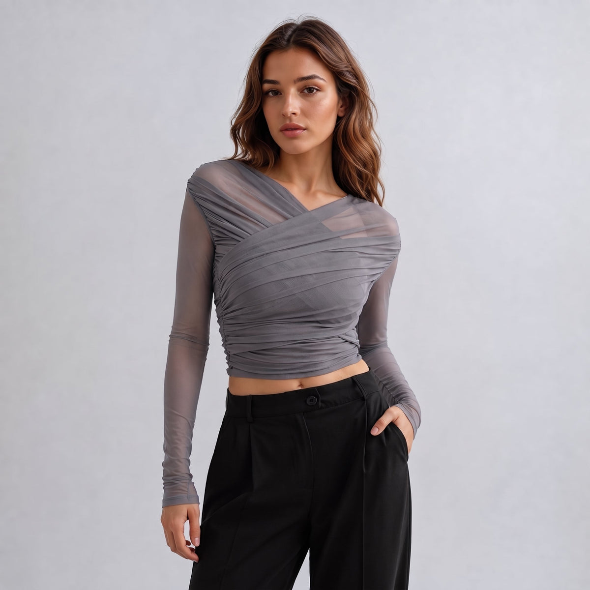 Isla - Women's Ruched Long Sleeve Mesh Top with Crossover V-Neck