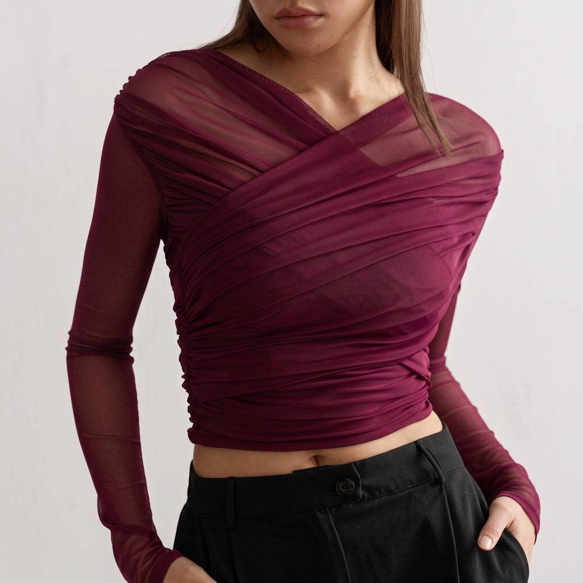 Isla - Women's Ruched Long Sleeve Mesh Top with Crossover V-Neck