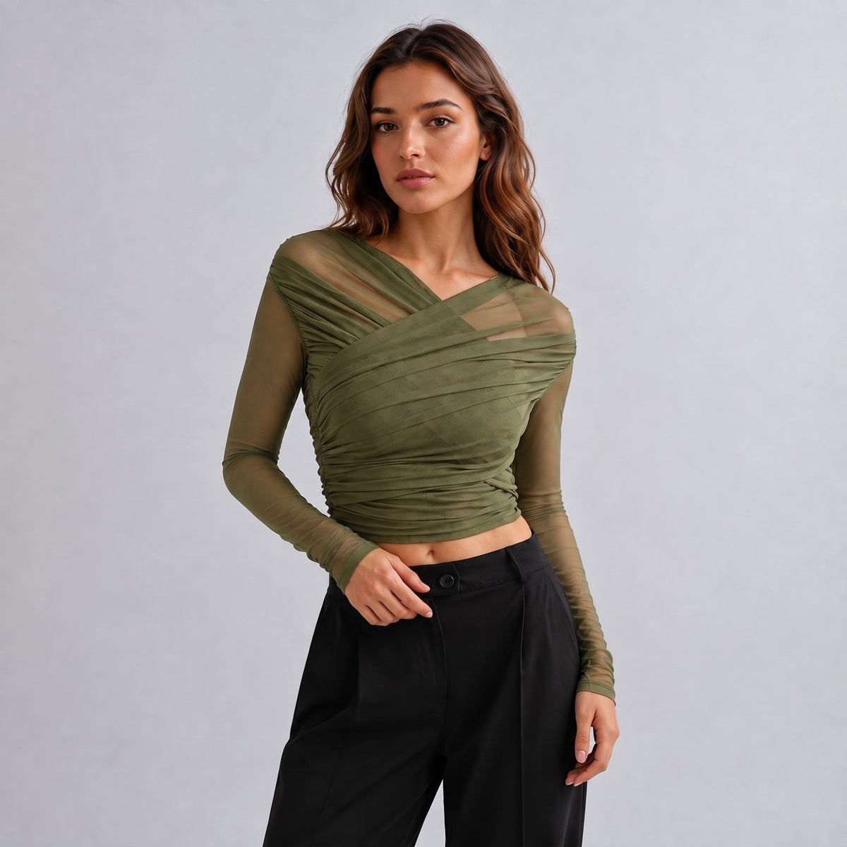 Isla - Women's Ruched Long Sleeve Mesh Top with Crossover V-Neck