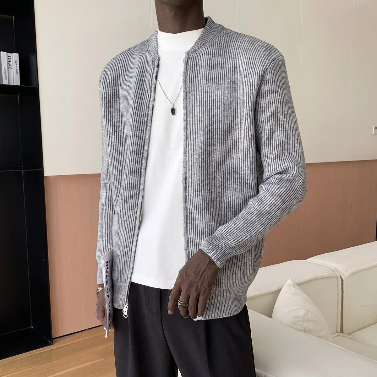James - Men's Ribbed Knit Zip-Up Cardigan Sweater