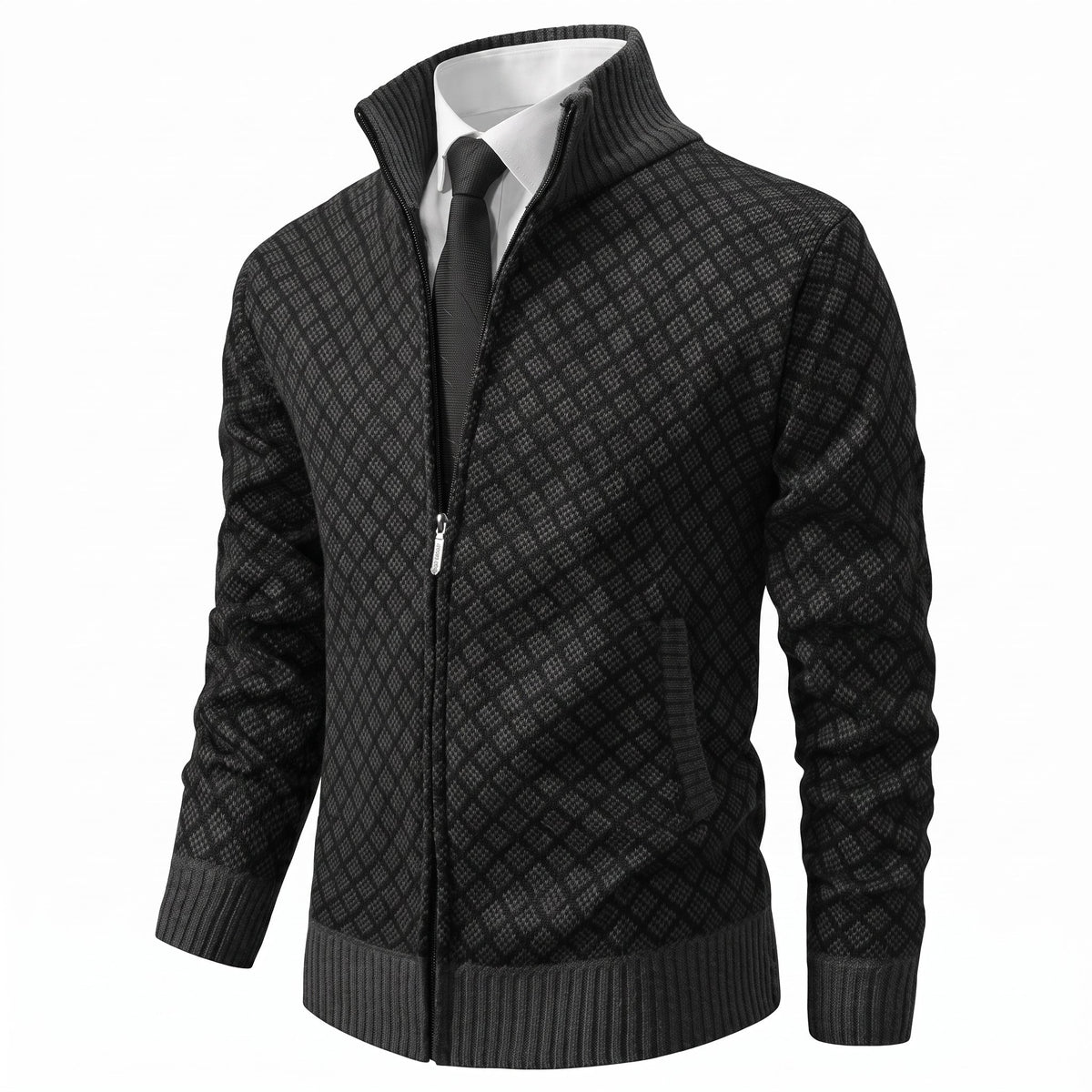 James - Men's Zip-Up Diamond Knit Sweater Jacket with Stand Collar