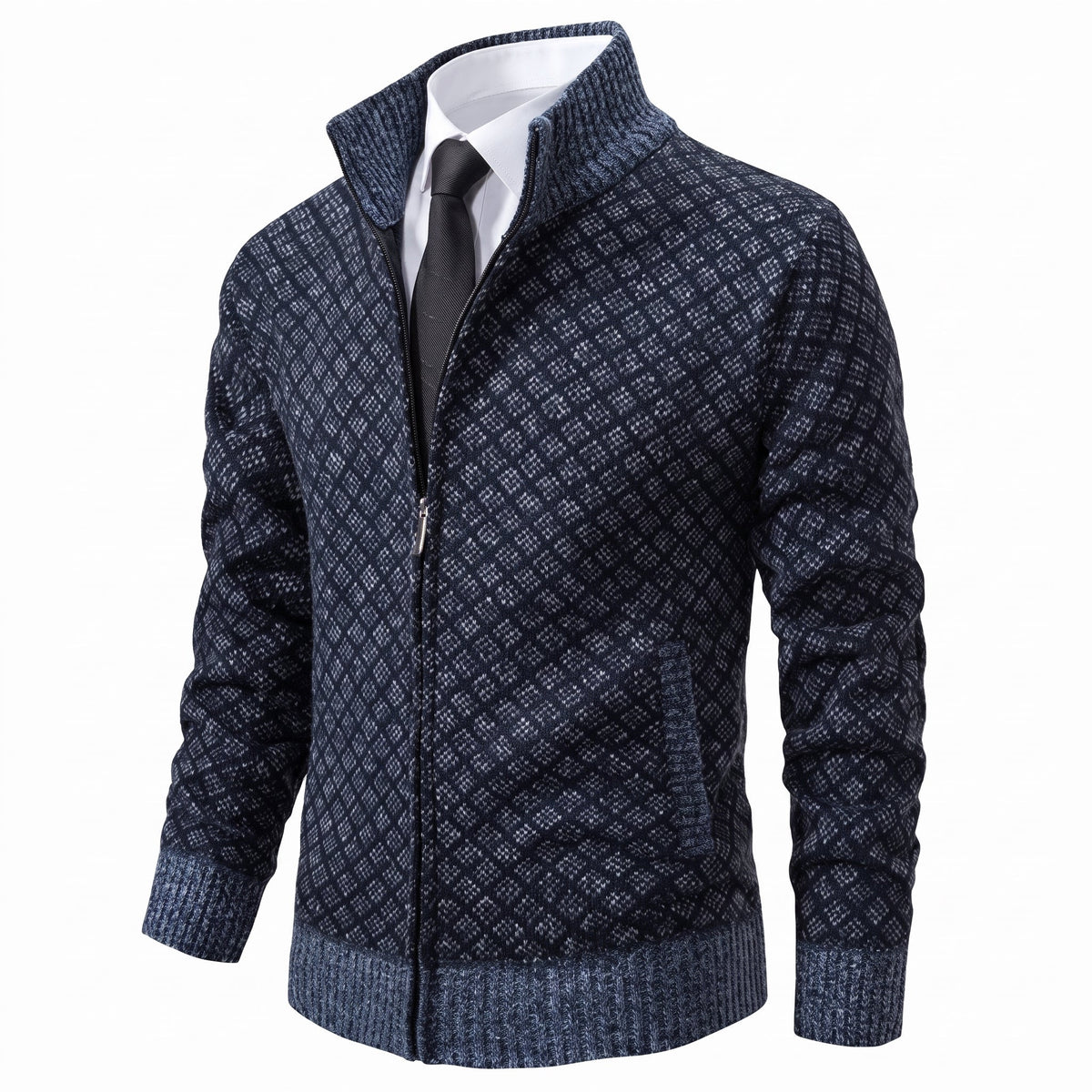 James - Men's Zip-Up Diamond Knit Sweater Jacket with Stand Collar